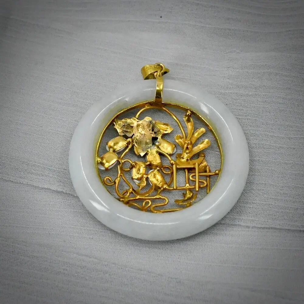 Vintage 14K Gold Jade BiDonut Pendant 48mm Opal Green Jade Hut Tree Scene 23.25g
